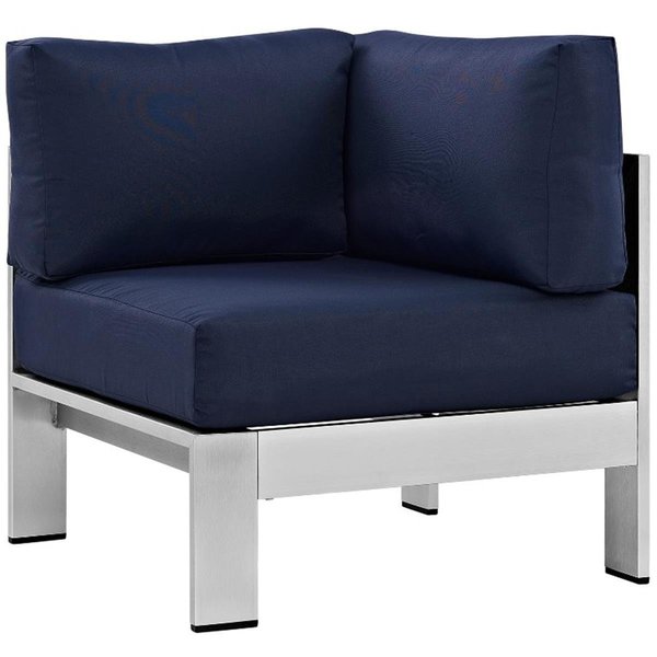 Modway Shore Outdoor Patio Aluminum Armchair Corner Sofa, Silver and Navy EEI-2264-SLV-NAV